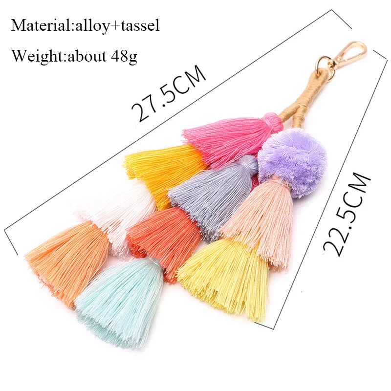 

RE new women bohemia tassel ball key chain pendant tassel fuzzy ball pompom keychain bag big charm key ring wholesale J40