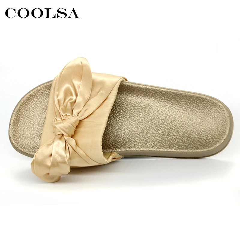 

Summer Brand Women Bow Slippers Silk Fabric Cute Bowknot Slides Flat Non Slip Beach Sandals Female Indoor Flip Flop Casual Shoes