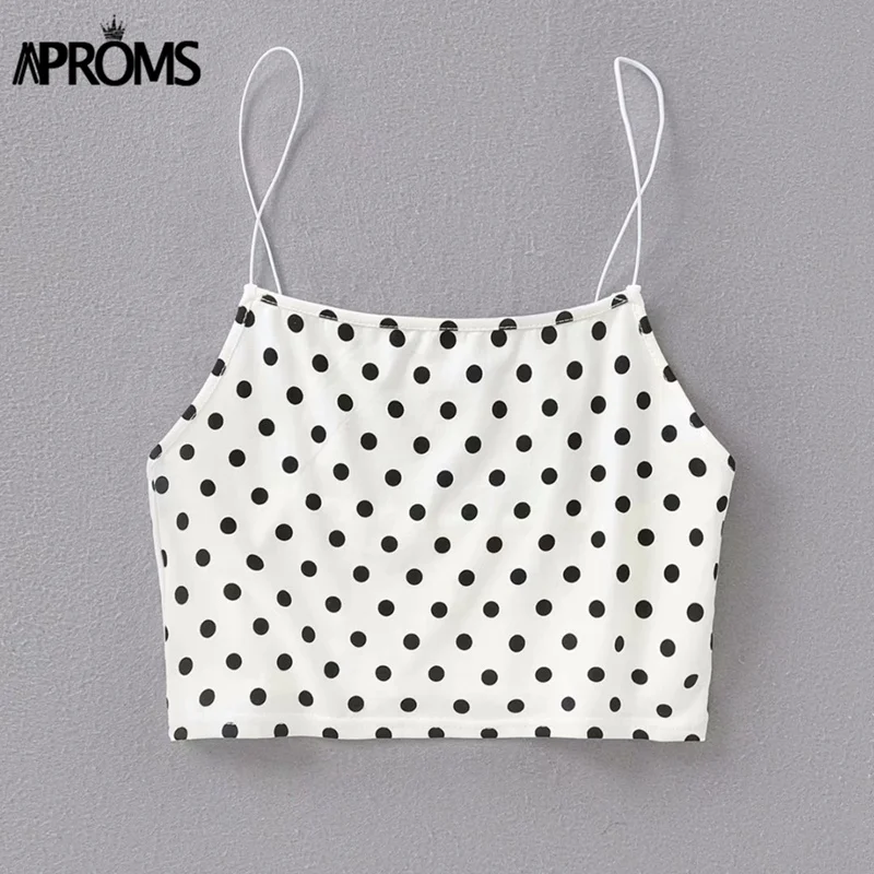 White Dot Aproms Винтаж в горошек майки Для женщин летние сексуальные низкой Back Crop Top женский ремень белый основной Топы бретели футболки - Цвет: White Dot