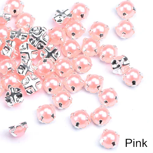 Pink 5 мм, 100 шт, стразы для шитья с жемчугом, пришивные стразы с серебряной застежкой, полукруглые жемчужины для самостоятельного изготовления свадебного платья B1238 - Цвет: Pink