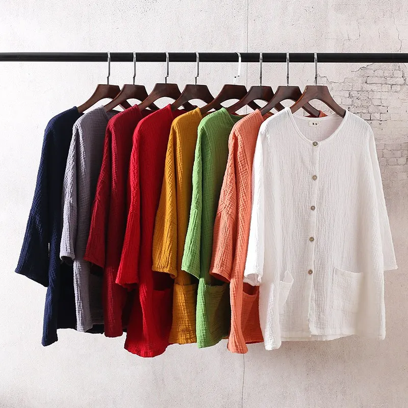 8 цветов женские хлопковые льняные винтажные свободные тонкие топы кардиган