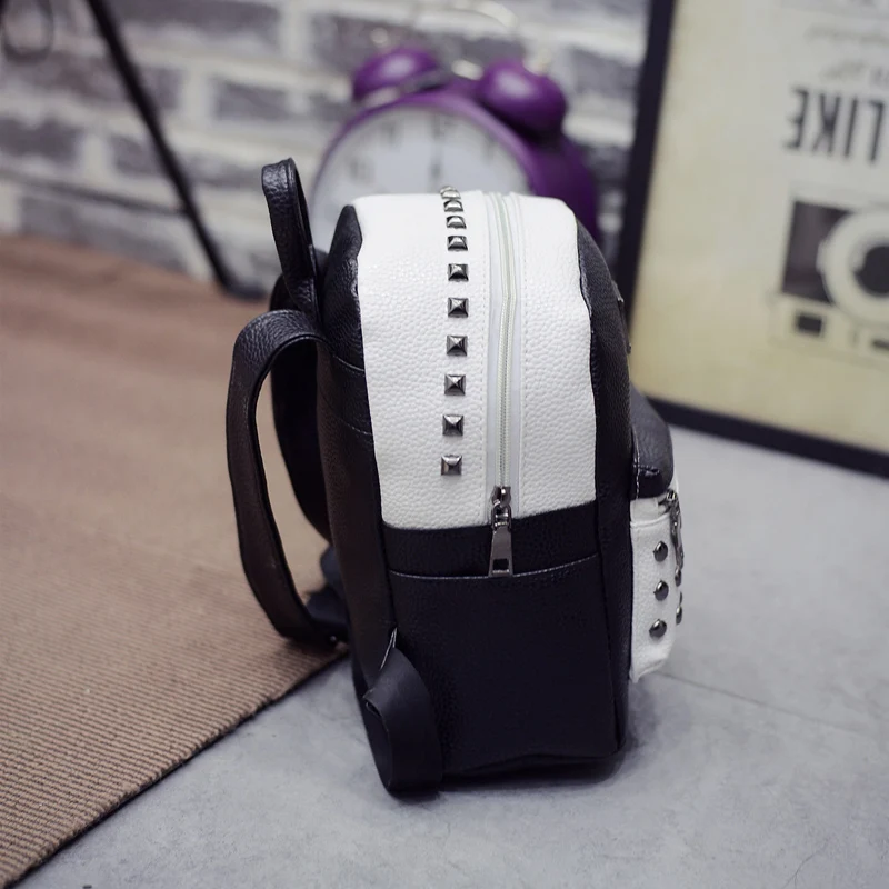 Новинка 2017 г. дизайнерские черные белая кожа заклепки рюкзак школьные сумки для