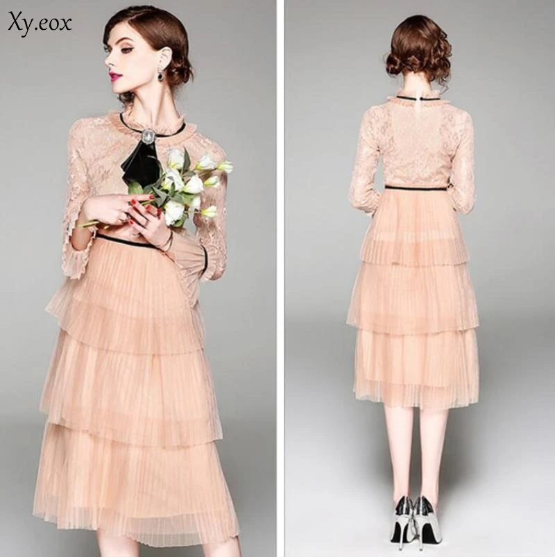 Летнее открытое Плиссированное кружевное платье с тонкой сеткой женское