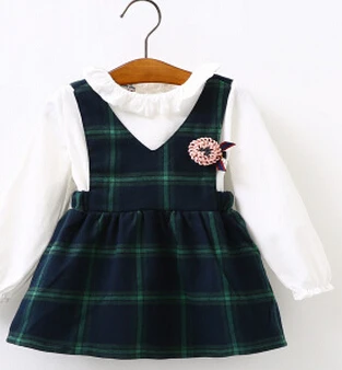 2016 Детская одежда хлопковая клетчатая юбка на бретельках с длинными рукавами для