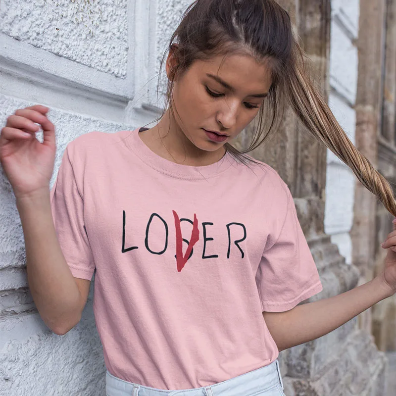 Футболка Lover Loser с буквенным принтом для женщин, хлопок, короткий рукав, футболки, забавные, летние, трендовые, стиль, топы, футболки - Цвет: Розовый