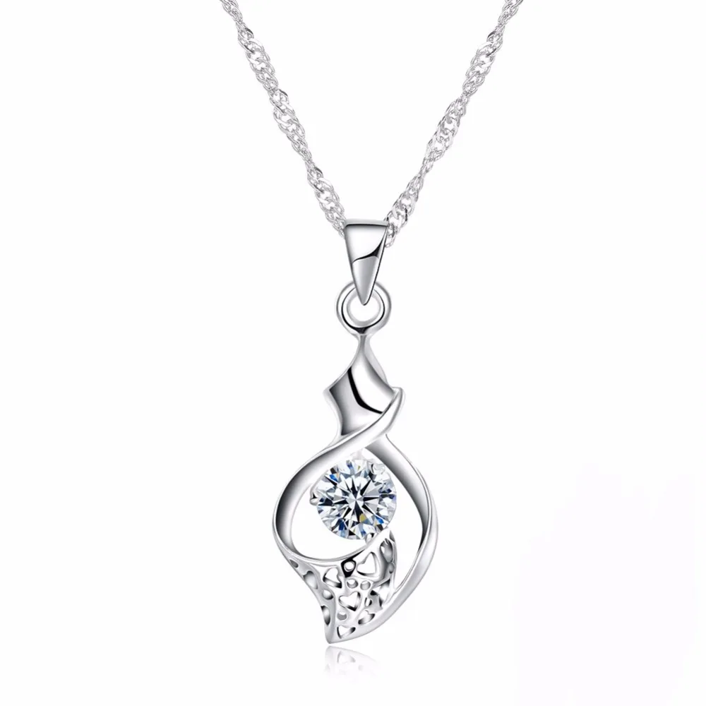 Flower Cubic Zirconia Pendant Necklace Geometric Plant Crystal Sterling Silver Chain Fashion Jewelry Women Accessories | Украшения и