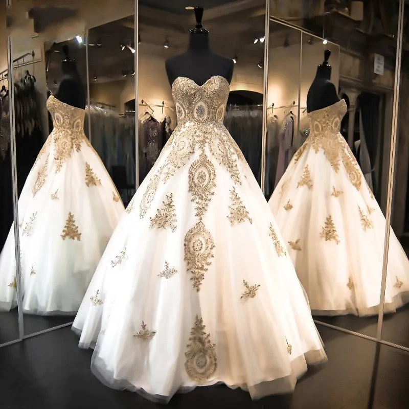 Элегантный Глод Аппликация Кружева Свадебные Платья Милая Шеи Без Рукавов