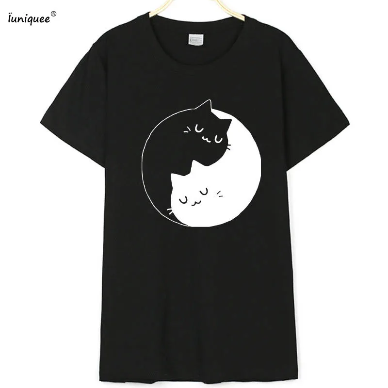 Yin Yang Cat Lovers футболка Мультяшные Графические футболки женские топы Лето 2017