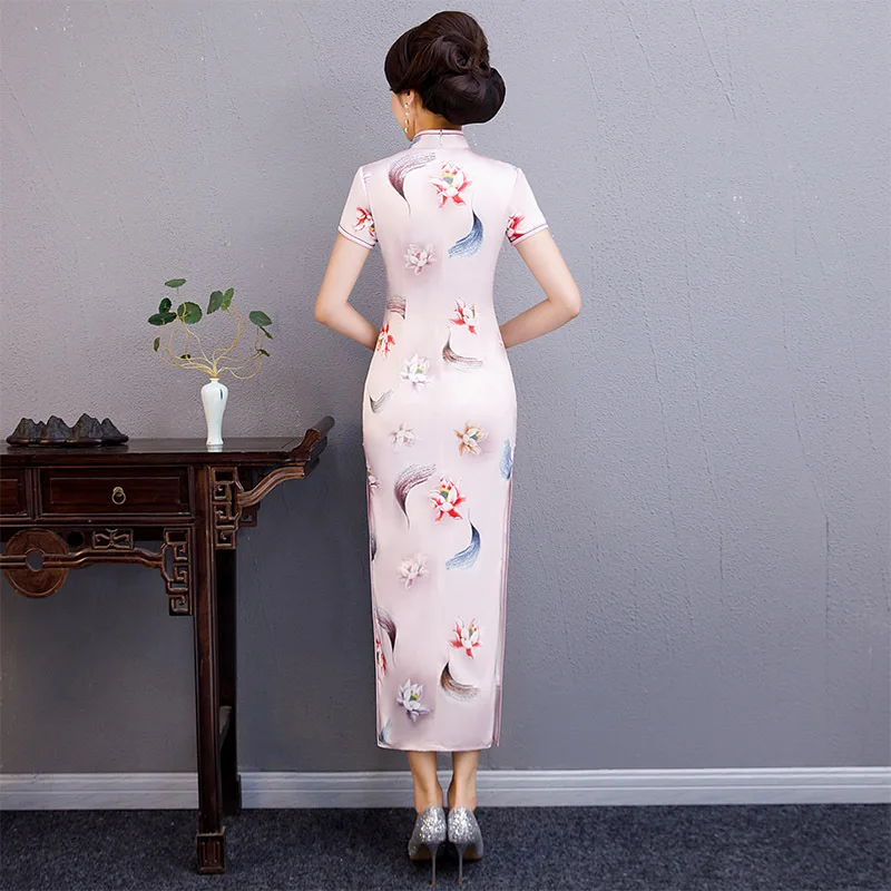 

2019 Womens Summer Long Cheongsam Novelty Chinese style Rayon Qipao Dress Slim Party Dresses Lady Button Vestido Size S-XXXL