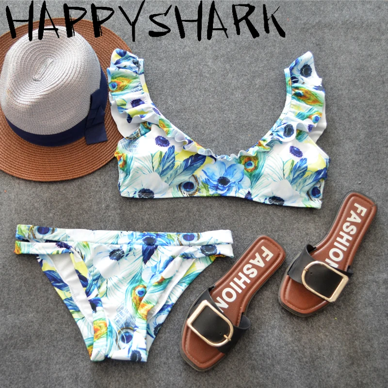 

HAPPY SHARK 2018, сексуальный женский комплект бикини с кружевными краями, бразильский купальник с цветочным принтом, женский купальный костюм, 2 ш...