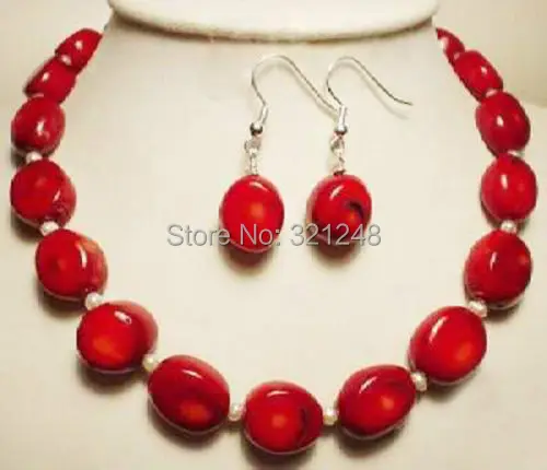 

Hot sale new fashion style free shipping jewelry white natural pearl red coral beads necklace earring jewelry set 18inch BV119