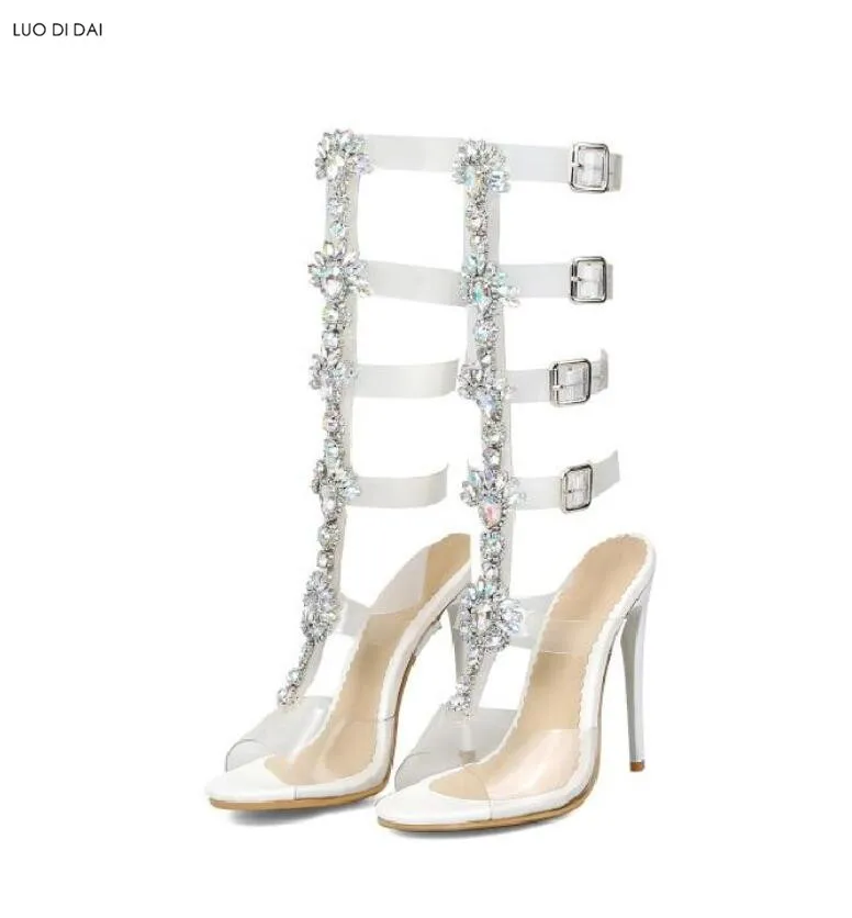 Женские босоножки с кристаллами гладиаторы на высоком каблуке туфли пряжкой