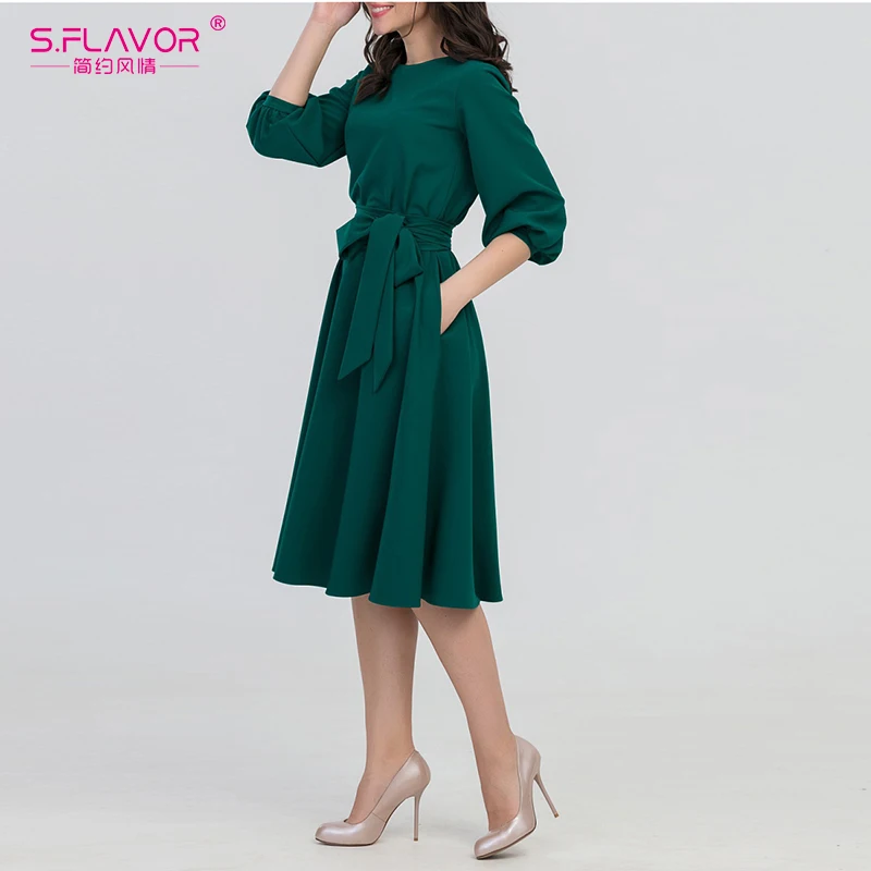 S. FLAVOR 2019 женское модное винтажное платье зеленого цвета с круглым вырезом