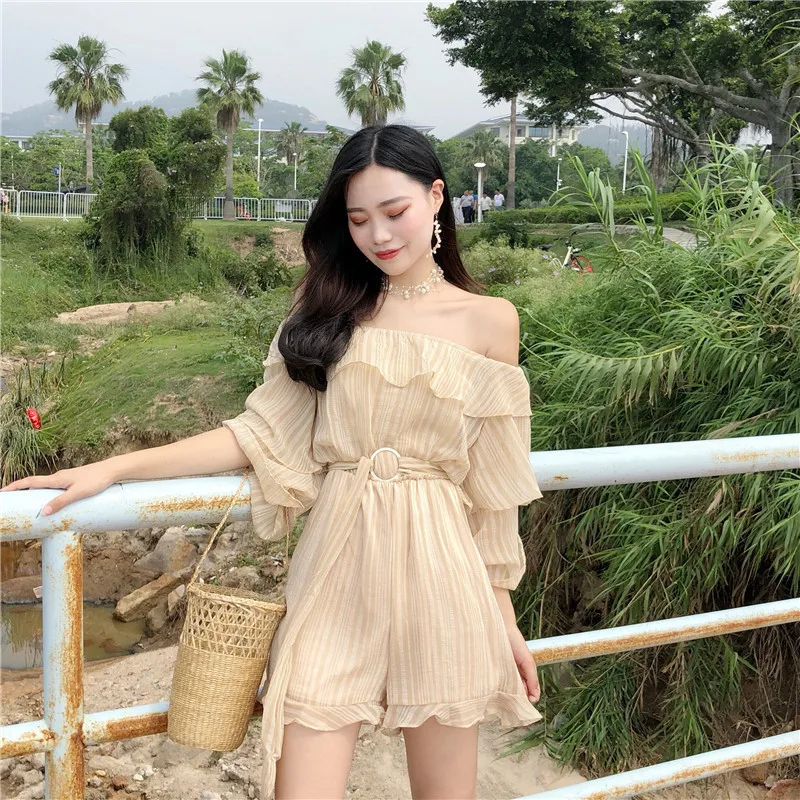 Perspective Temperament Chiffon Playsuits Summer Romper Loose Ruffles Off Shoulder Top Beach Vacation Solid Color Shorts | Женская