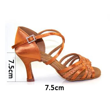 Deep skin heel 75mm Танцевальная обувь для латинских танцев; женская обувь для взрослых с мягкой подошвой на высоком каблуке; Танцевальная обувь на квадратном каблуке для сальсы; обувь для латинских танцев из натурального атласа; импортный атлас; BD - Цвет: Deep skin heel 75mm