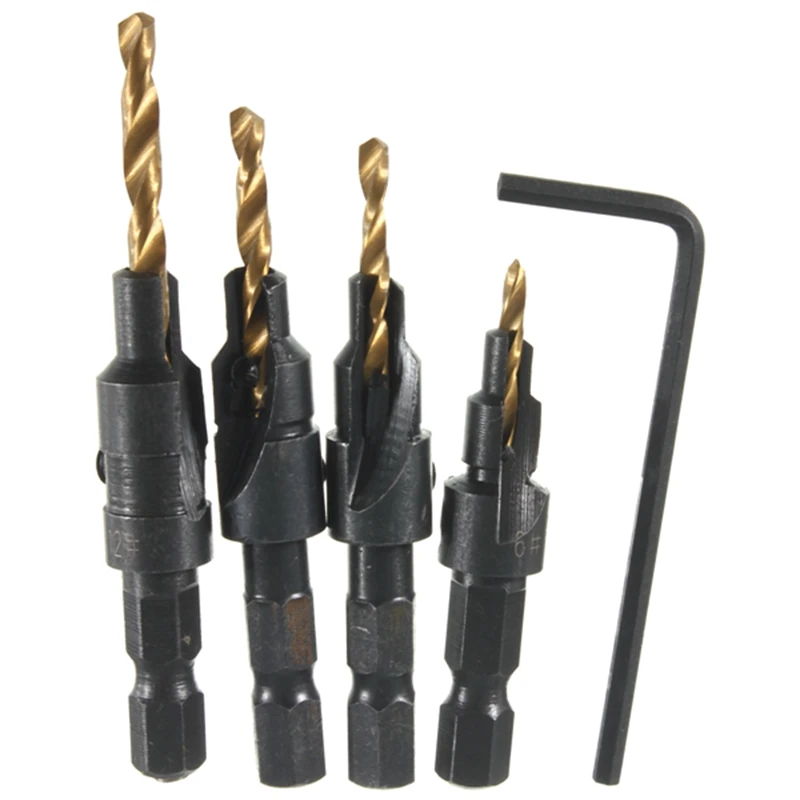 4Pcs 6# 8# 10# 12# Tool HSS Countersink Drill Bit Cone Set Quick Change Wood Hex Shank Screw Carpentry Woodworking Tools | Инструменты
