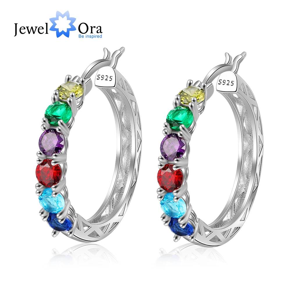 Personalized 925 Sterling Silver Hoop Earrings for Women Custom 6 Birthstones Statement Earrings Birthday Gift JewelOra EA103257