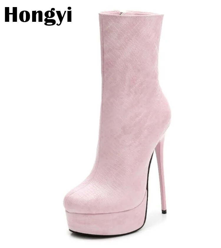 

Snakeskin Pattern Thick Platform Winter High Heel Boots Women Side Zipper Comfortable Winter Shoes Female 2018 Plus size 46