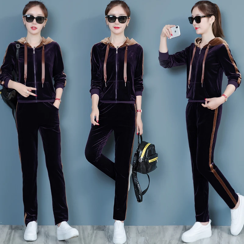 

Pleuche Suit Fashion Spring Autumn New Hooded Top Pants Big Yards Fleece Casual Two-Piece Clothing Set Velvet Outfit Hoodies