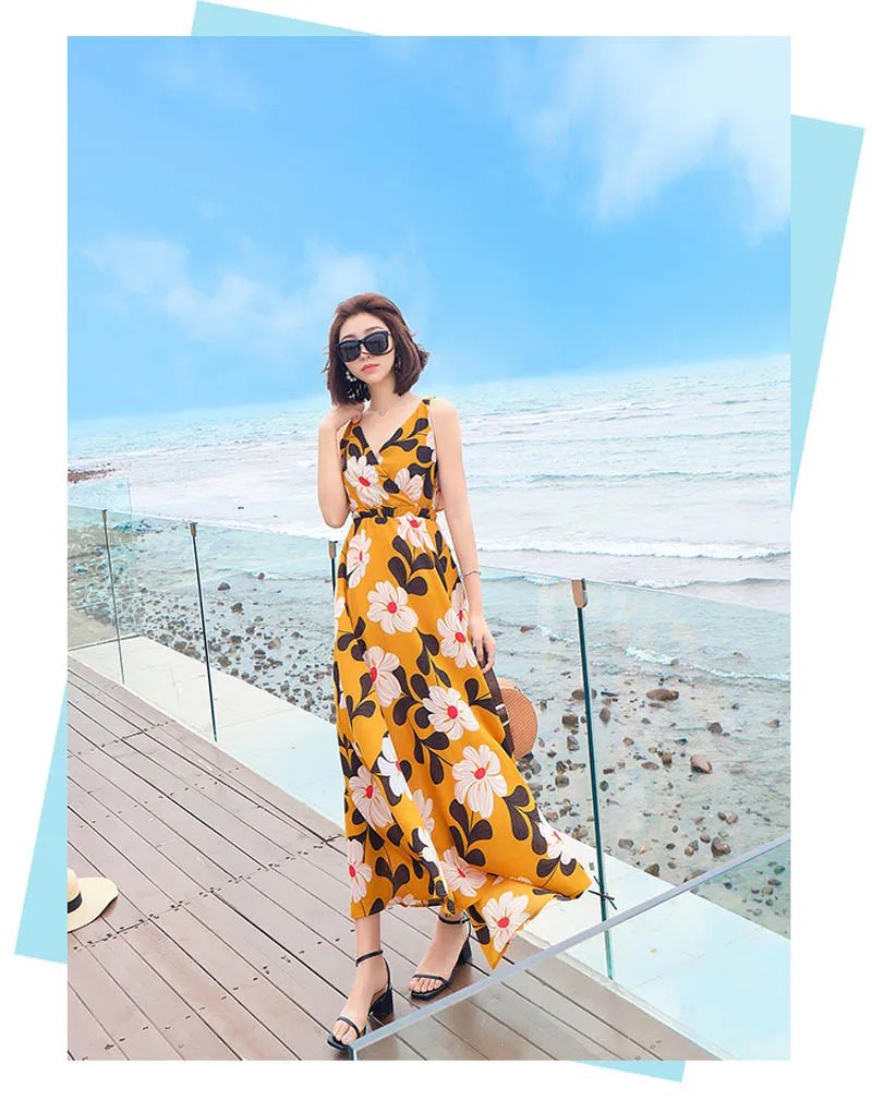 Желтый v образный вырез без рукавов Холтер шифон белый цветочный Макси платье