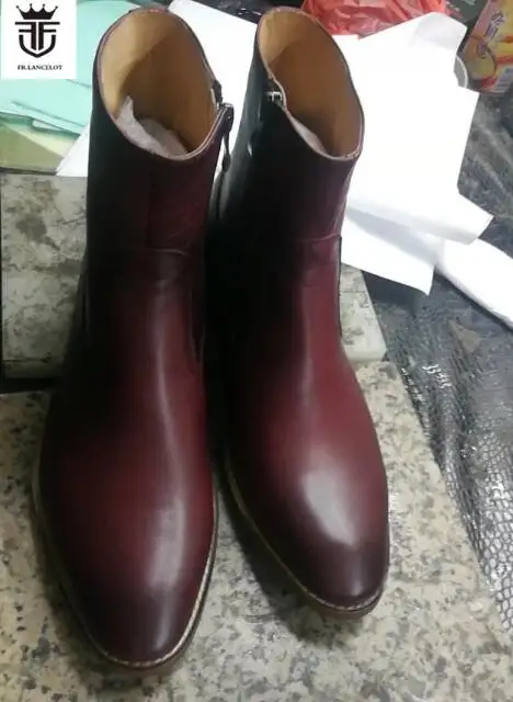 

2019 FR.LANCELOT BrownGenuine Leather Chelsea Boots 3cm Stacked Heels Zip Men Boots zapatos de mujer Shoes Men Short Botines