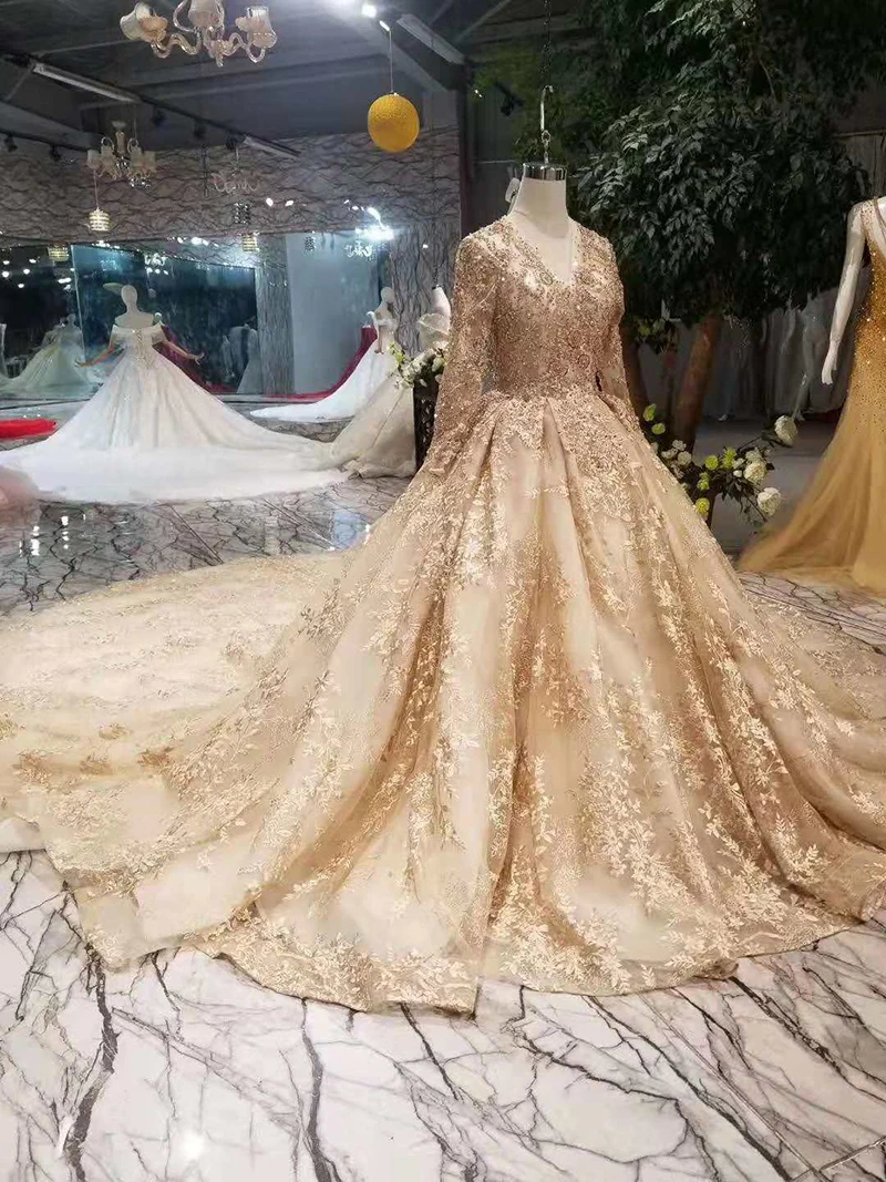 LSS219 golden lace wedding dresses 2020 champagne v-neck long sleeves up back party dress with shiny royal train | Свадьбы и