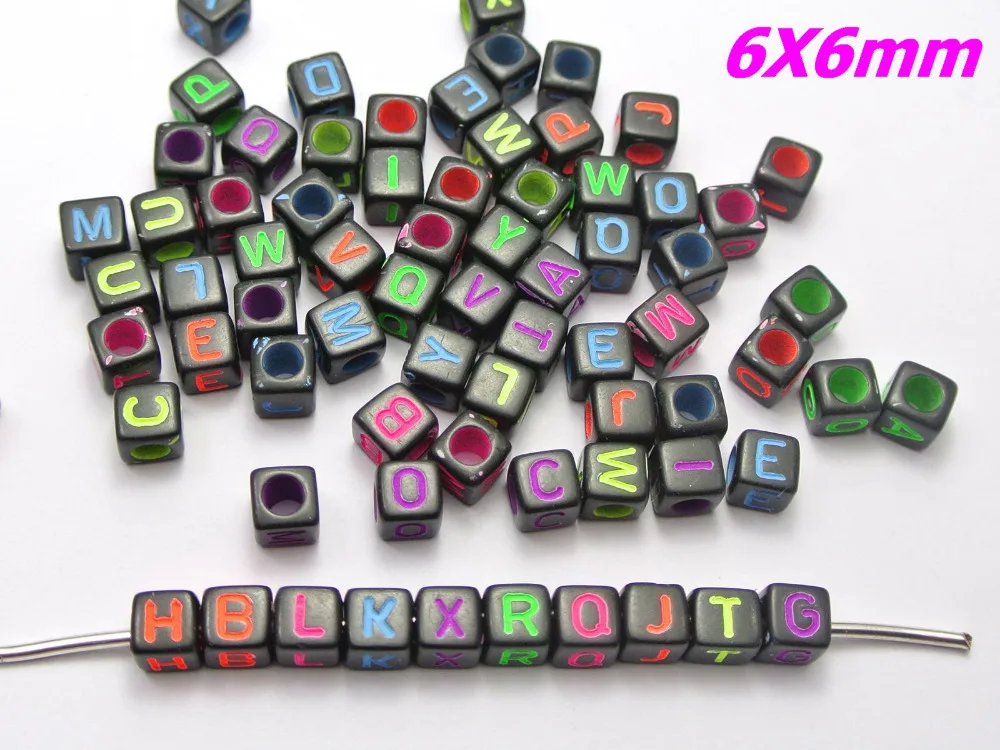 

250 Black with Neon Color Assorted Alphabet Letter Cube Pony Beads 6X6mm