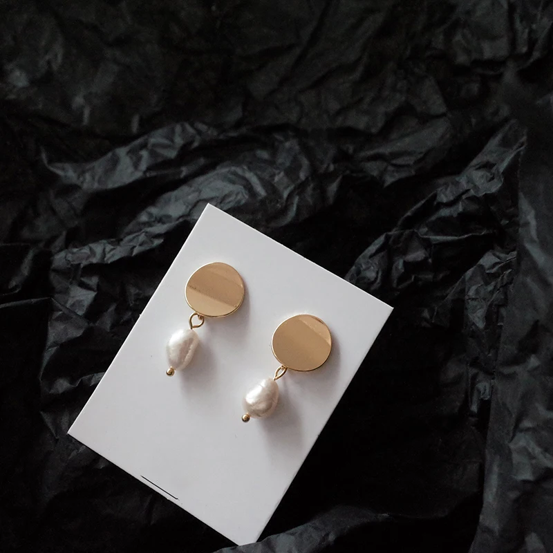 GHIDBK Gold Color Freshwater Pearls Dangle Earrings for Women Minimalist Metal Coin Disc Simple Statement 2018 | Украшения и