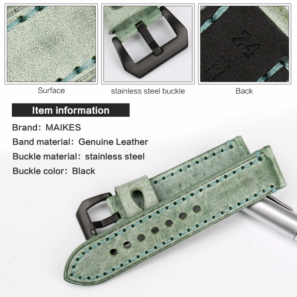 MAIKES Fashion Green Watchbands 22mm 24mm With Black Buckle Watch Accessories Watch Strap Retro Leather Watch Band For Panerai