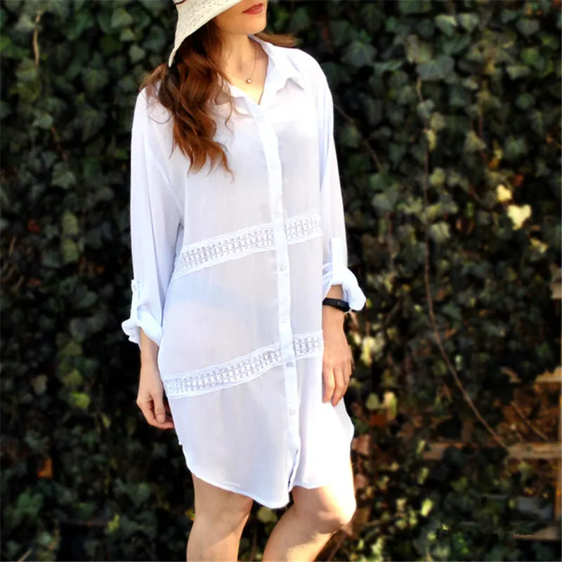 Летняя пляжная одежда белая хлопковая туника пляжные топы блузка купальник