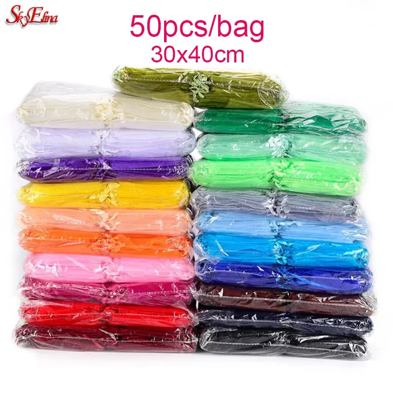 50 Pcs large Organza Bags Wedding Decoration Candy Favor Packaging Pouch Gift Bag Lot Silk Party Tulle Pouches 7z 30x40cm | Дом и сад