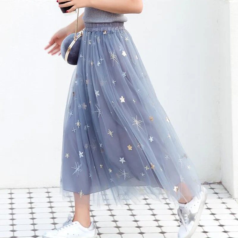 

elegant little stars gauze long skirt women 2018 Summer skirt high waist A word wild long section Net yarn skirts female