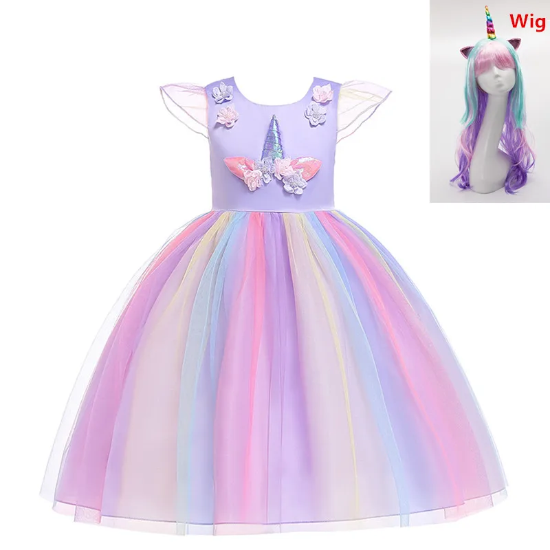 Purple-2pcs Платье для девочек в цветочек для костюмированной вечеринки с изображением единорога; платье принцессы для дня рождения для девочек; Детский костюм для Хэллоуина с изображением единорога; парик - Цвет: Purple-2pcs