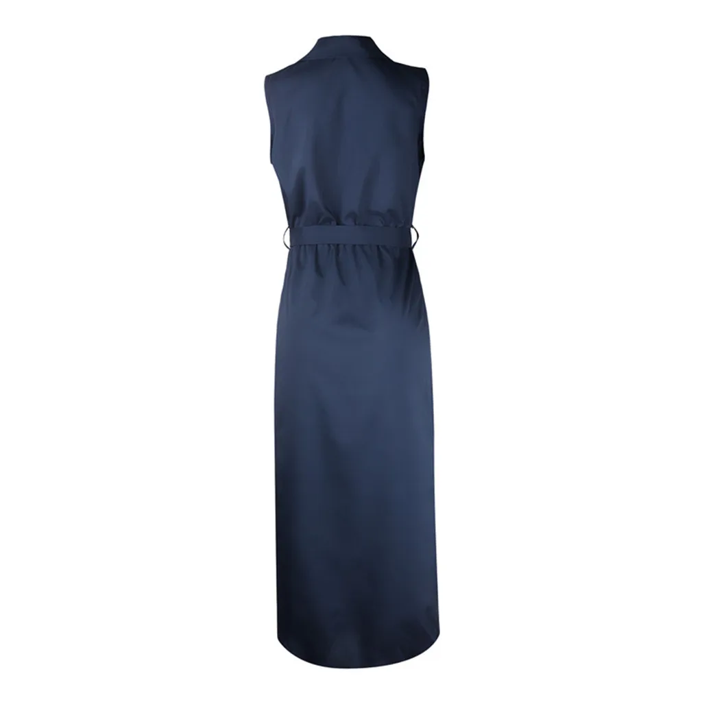 robe femme Women Casual Sleeveless Solid Cross V-Neck Pockets Belt Loose Maxi Long Dress grande taille #BY30 | Женская одежда