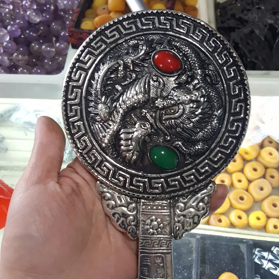 Китайское античное зеркало Guangxu с тибетским серебряным драконом и Фениксом