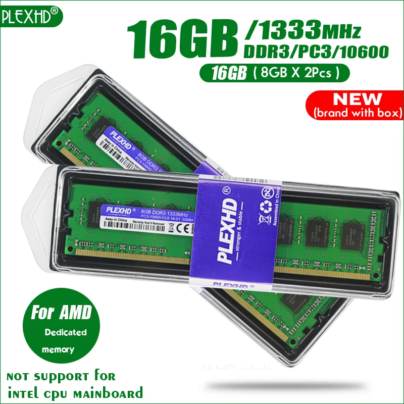 PLEXHD 16 Гб(2 шт x8гб) 16 ГБ DDR3 PC3-10600 1333 МГц PC3 10600 для настольных ПК DIMM память ram 240 контакты для системы AMD Совместимость