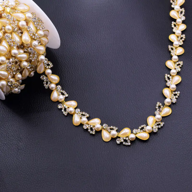 10 ярдов бежевый капельный жемчуг Стразы пришивные украшения позолоченные