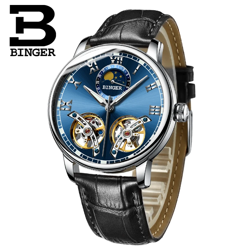 BINGER Mens Moon phases Tourbillon Automatic mechanical Watches Men Top Brand Luxury Dive 30M Business Leather watch Man 2017|watch brand men|watch