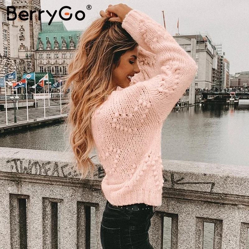 BerryGo Vintage autumn winter knitted sweaters women Casual O neck long sleeve pink pullovers female Pompon loose ladies jumpers | Женская