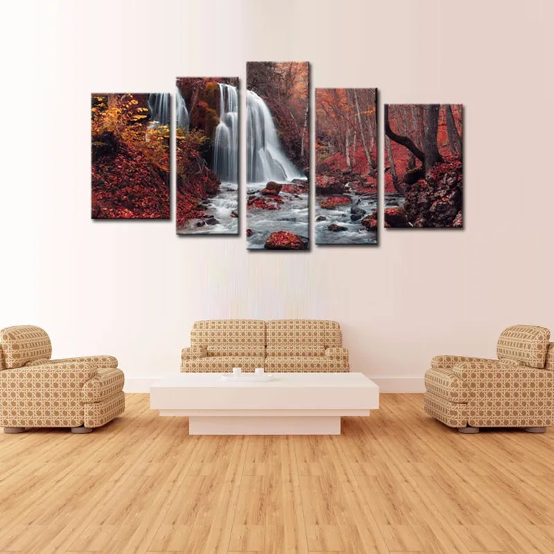 5 шт. Красивый водопад в осенний красный кленовый лес пейзаж настенная картина