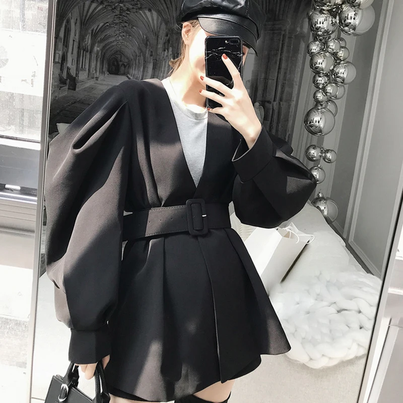 TWOTWINSTYLE, пальто для женщин на шнуровке, ветровки, v-образный вырез, высокая талия, пышные рукава, пальто для женщин, осень, корейская мода