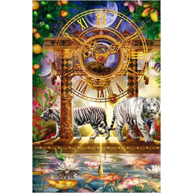 5D Сделай Сам полный квадрат Алмазная Картина Вышивка крестом Два тигра & Часы