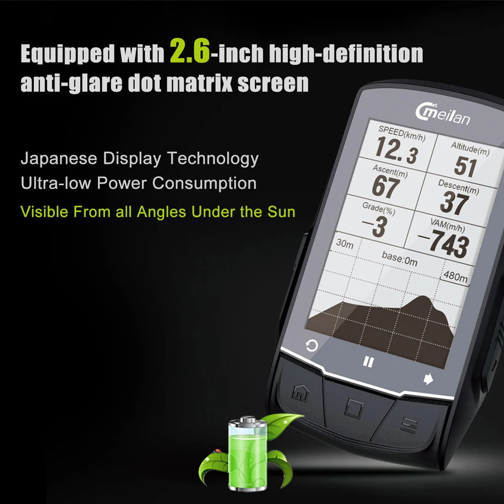 MEILAN M1 GPS Navigation Bike Computer Peedometer Candence Heart Rate 2.6" BLE4.0 Bicycle Computer Speedometer