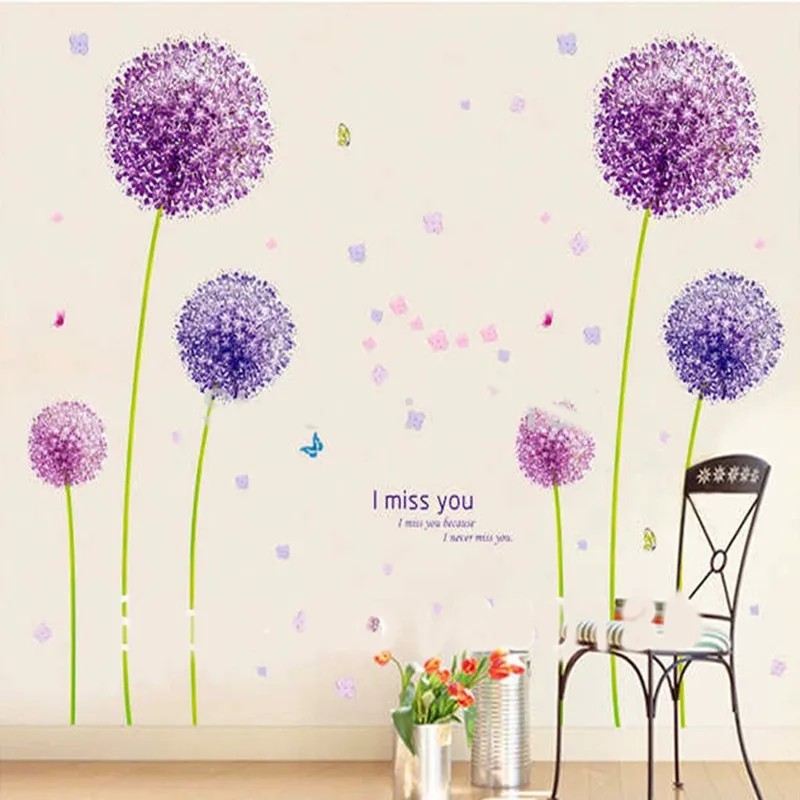 

3D Purple Dandelion Wall Stickers creative romantic home decor wall of bedroom walls can remove Free Shipping