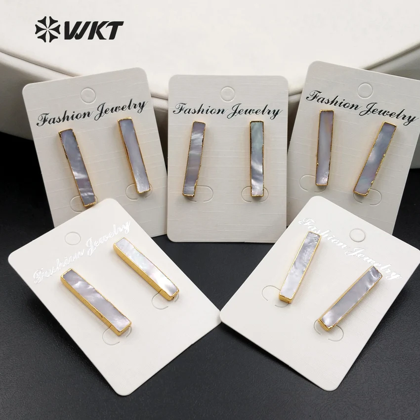 

WT-E333 Wholesale Custom Natural White Shell Long Bar Earrings WIth Gold Trim Elegant Accessories For Woman Jewelry