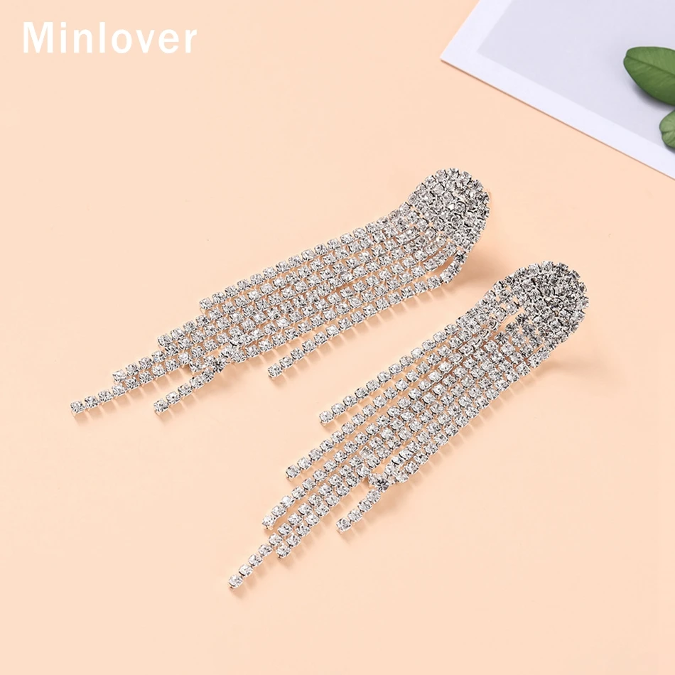 Minlover, серебряный цвет, кристалл, Длинная кисточка, висячие серьги для женщин, стразы, серьги для невесты, свадебные ювелирные изделия MEH1423