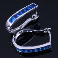 fascinating blue cubic zirconia silver plated clip hoop huggie earrings v1056