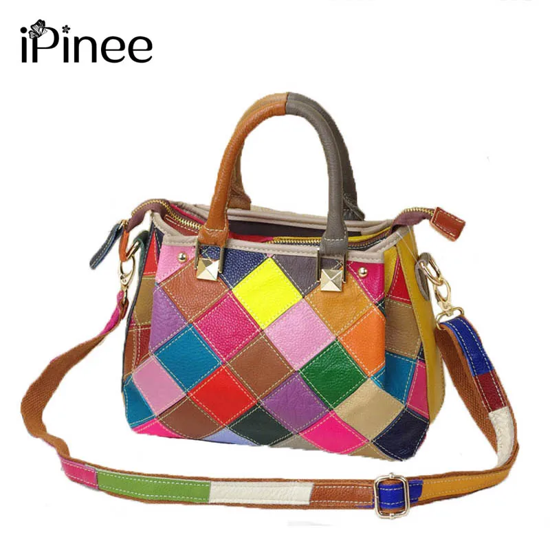 iPinee New Fashion Cow Leather Shoulder Bag Ladies Casual Handbags Elegant Style Colorful Block Plaid Design Women Bags |