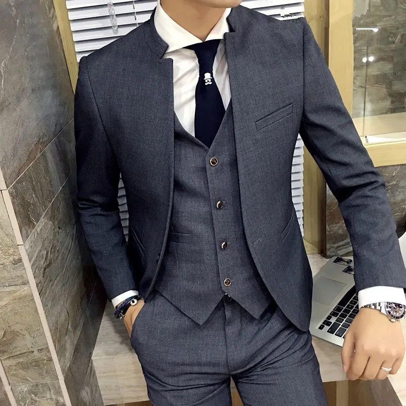 Classic Chinese Collar Men Suit 3PCS/Set Slim Fit Wedding Suits Latest Coat Pant Design 2017 Costume Solid Color Grey Black | Мужская
