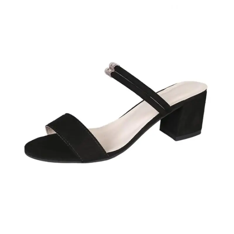 Black Grey Beige Suede Women Sandals Peep Toe Chunky Heels Zapatos De Mujer Two Narrow Band Buckle Girl Mules Slip On Slides | Обувь